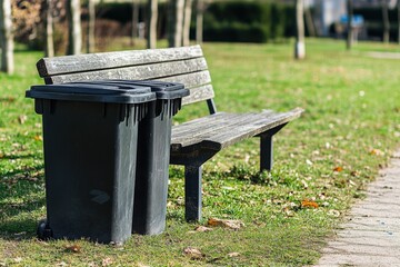 Serene Park Scene: Vacant Bench and Metal Waste Bin Amidst a Lush Residential Area