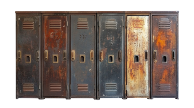 Row of rusty metal lockers with transparent background