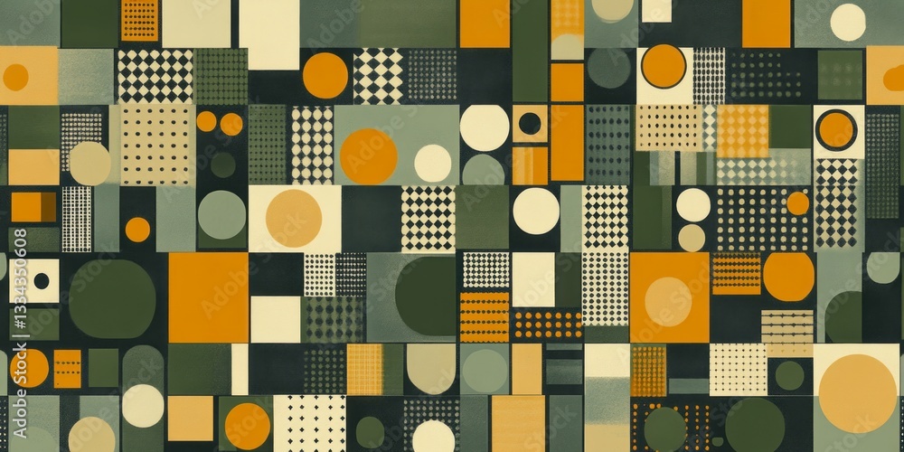 Poster a geometric composition of squares circles and patterned rectangular shapes