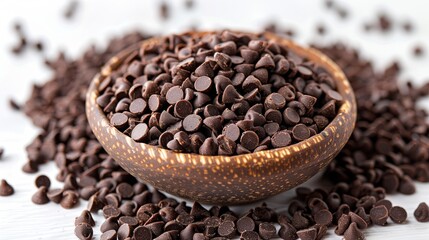 A rustic wooden bowl overflowing with dark chocolate chips, creating a delectable pile of baking ingredient for cookies, cakes, and other sweet dessert creations on a white surface