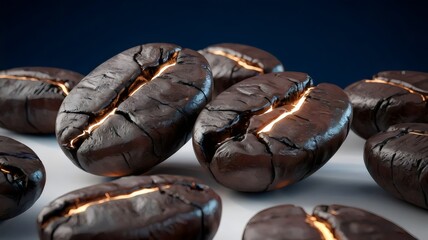 Close-up of metallic coffee beans with glowing cybernetic veins on a white surface – Perfect for AI-driven design, futuristic beverage promotions, or cyberpunk aesthetics.