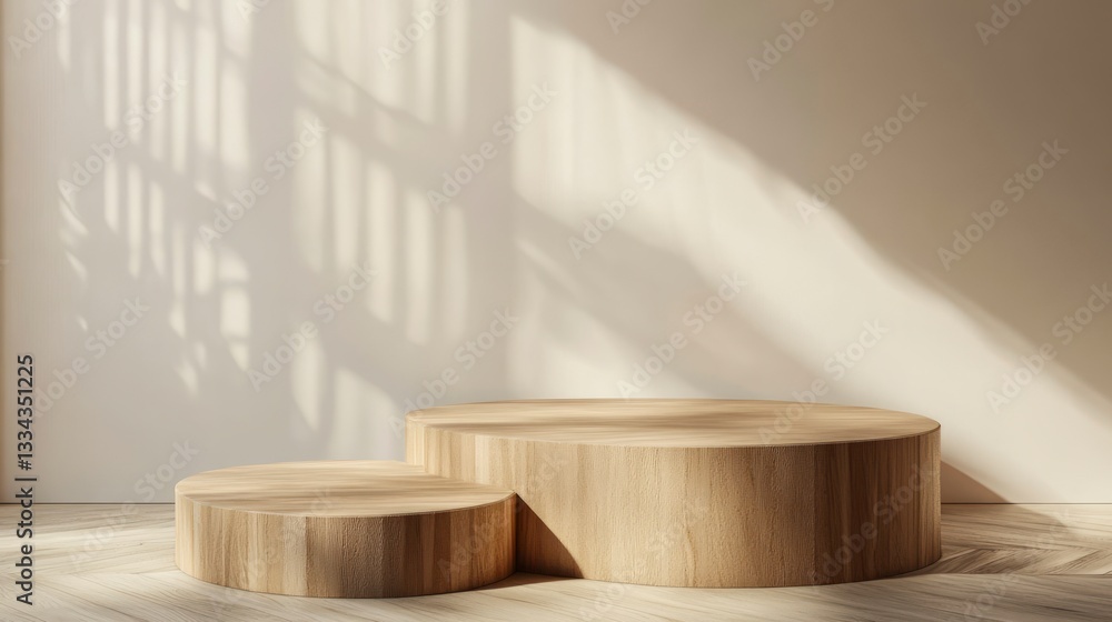 Poster wooden product display platform with window shadow for elegant presentation