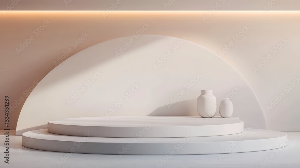 Poster displaying product on minimalist stage with vases and soft lighting