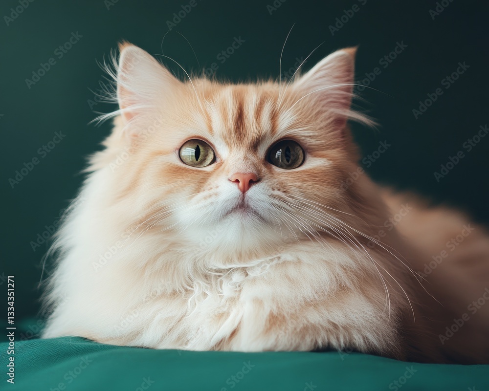 Poster a serene and fluffy ginger cat with captivating green eyes gazes directly at the viewer against a de