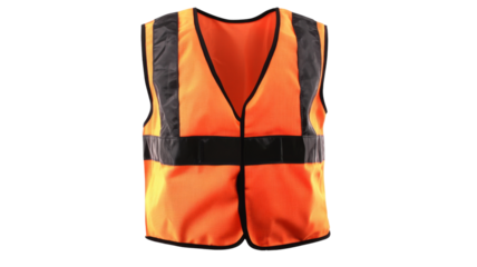 High-visibility orange safety vest with reflective stripes on transparent background