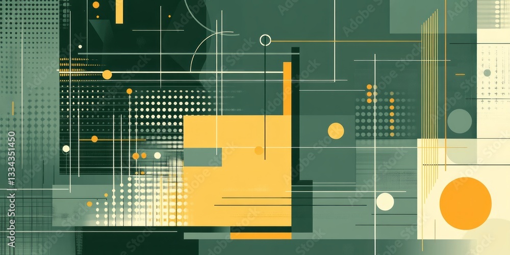 Poster geometric abstraction featuring lines dots circles squares and muted colors