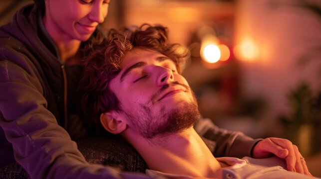 A serene and intimate moment at home as a woman gently massages the shoulders of a relaxed man in warm and cozy indoor lighting, promoting wellness and comfort