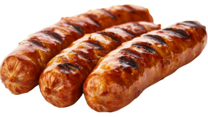 Three juicy grilled sausages on transparent background, ready to eat