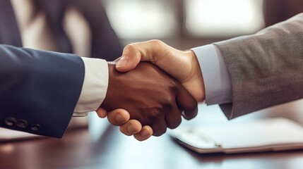 Two people in suits shaking hands in agreement formally
