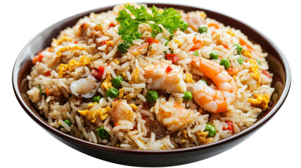 Steaming hot shrimp fried rice with vegetables in a bowl on transparent background