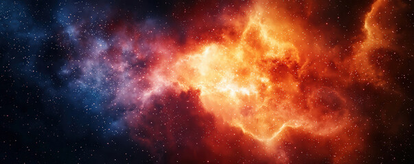 vibrant cosmic scene featuring swirling colors of orange and blue, representing nebula filled with stars and gas