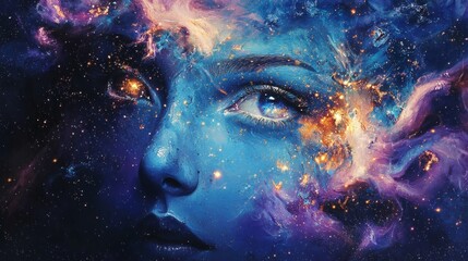 Cosmic-inspired liquid artwork with deep blues, purples, and scattered golden flecks