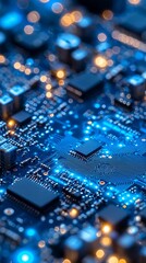 Obraz premium Close up view of illuminated blue circuit board components