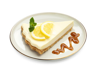 Piece of delicious lemon cheesecake with mint and caramel sauce isolated on white