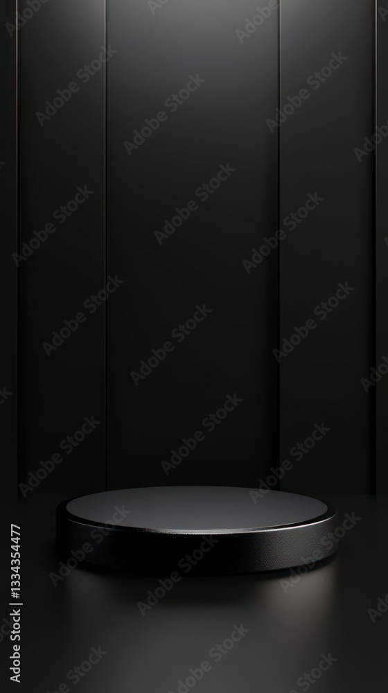Poster elegant product display on black round podium with minimalist background