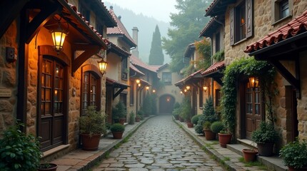 Fototapeta premium A quaint, centuries-old European town square, bathed in the soft, golden glow of sunset, with intricately carved