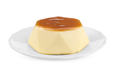 Delicious pudding with caramel sauce isolated on white