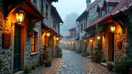 Obraz premium A quaint, centuries-old European town square, bathed in the soft, golden glow of sunset, with intricately carved