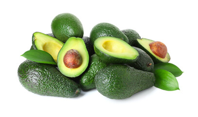 Many whole and cut avocados isolated on white
