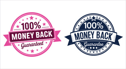 Fototapeta premium 100% money back guaranteed stamp badge vector design. Circular money back guaranteed badge vector. 100% money back guaranteed vector badge with ribbon and stars. Certified money back guaranteed badge