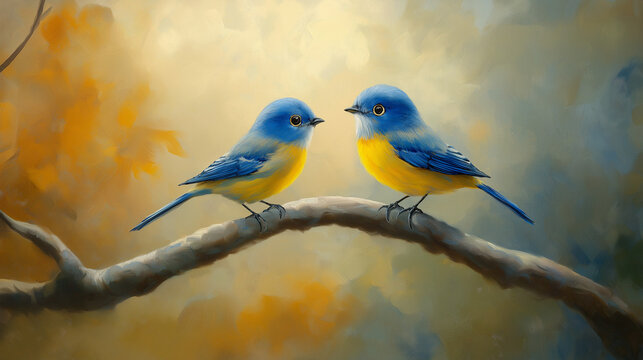 blue and yellow love birds on a branch with water paint background 