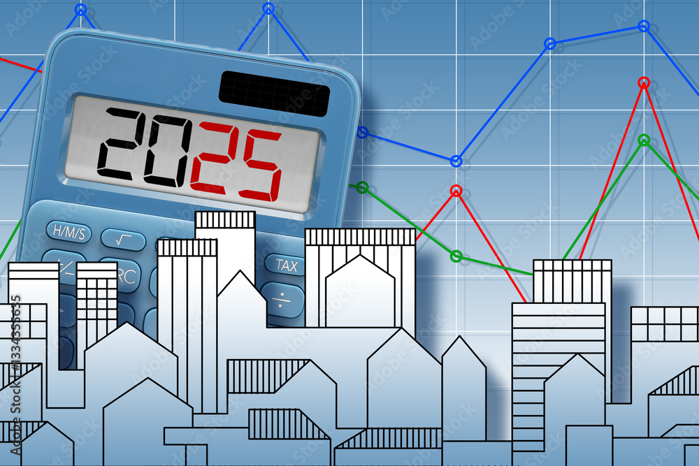 Poster 2025 real estate planning banner concept with graph - business ideas in building activity and constr