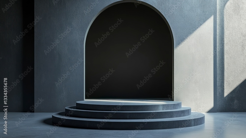 Poster minimalist architecture with archway and steps in a lit concrete room