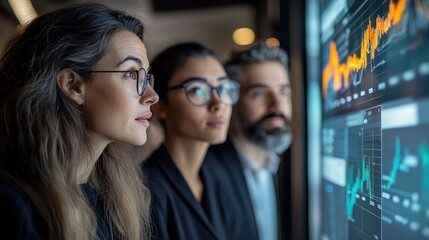 Business team analyzing data on interactive display.  Focused professionals examine financial charts, attentive to trends