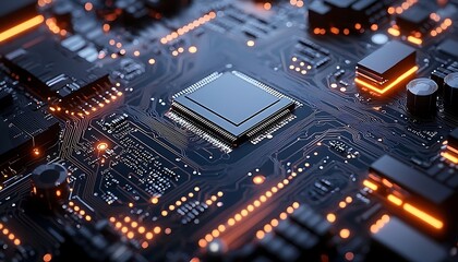 Obraz premium An electronic circuit board with microchips and glowing orange components
