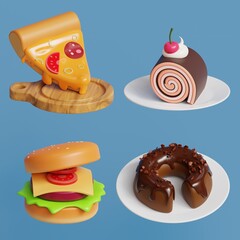 3D fast food and dessert icons on a blue background