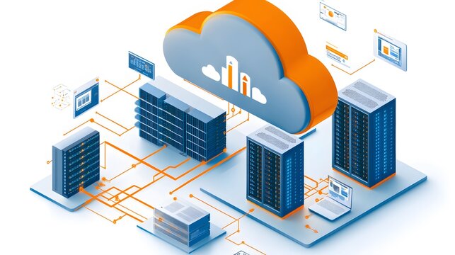 Cloud computing concept features a stylized isometric illustration of a blue and orange cloud icon linked to server towers, depicting digital infrastructure.