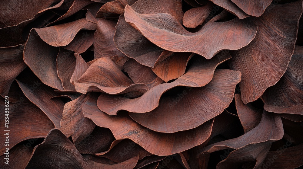 Poster A close-up view of a textured surface with overlapping, ruffled layers in shades of brown and red.