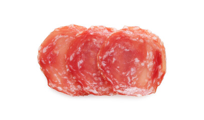 Slices of tasty smoked sausage on white background, top view