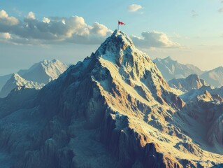 A Solitary Red Flag Waving Proudly Atop a Majestic Snow Covered Mountain Peak Under a Bright Blue Sky with Soft White Clouds, Symbolizing Achievement and Triumph