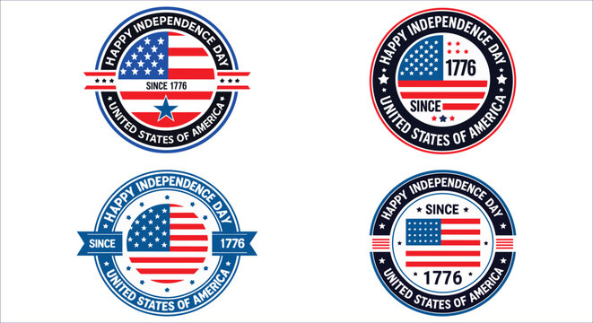 Happy independence day badge vector with American flag since 1776.  USA independence day round badge with stars. United states of America independence day badge vector. USA Freedom Badge since 1776