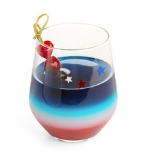 Layered cocktail in colors of American flag with ice and cherries isolated on white