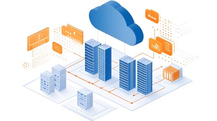 Cloud computing concept features a stylized isometric illustration of a blue and orange cloud icon linked to server towers, depicting digital infrastructure.