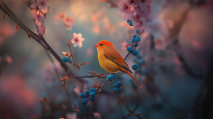 robin redbreast sitting on a branch with blossoms flowers 