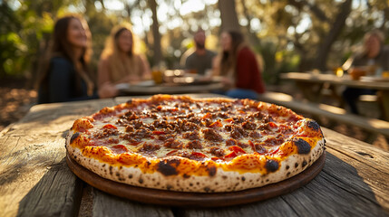 Outdoor Pizza Party Delicious Pizza on Wooden Table
