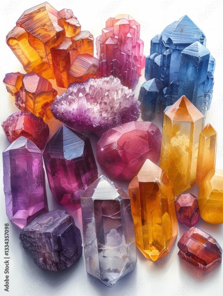Poster a stunning array of vibrant and colorful crystals and gemstones, displaying a rainbow spectrum of or