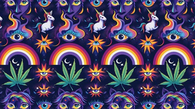 Seamless looping video pattern with cannabis leaves, rainbows, and stars.
