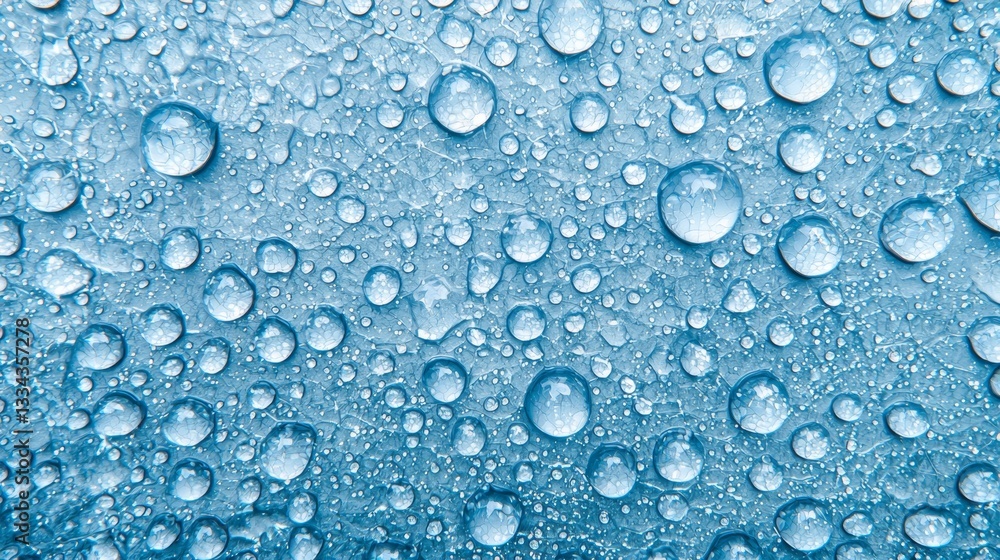 Poster a stunning close-up of translucent water droplets scattered across a textured blue surface, creating