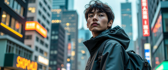 A young man wearing a black jacket and backpack stands in front of a building with a sign that says Shop