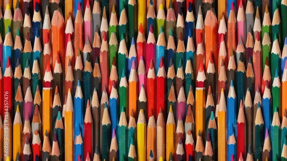 Poster seamless looping video pattern of colorful pencils arranged neatly.