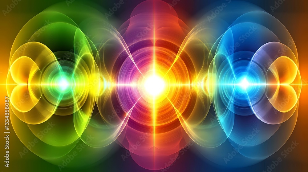 Poster concentric circles forming abstract symmetry pattern with glowing light radiating from center