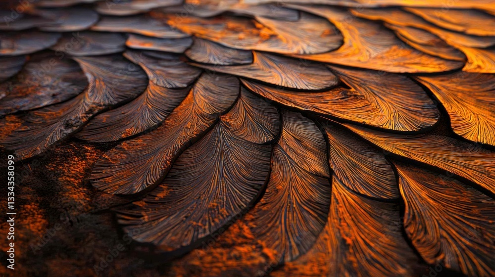 Poster a close-up view of a textured surface with overlapping, layered patterns in shades of orange and bro