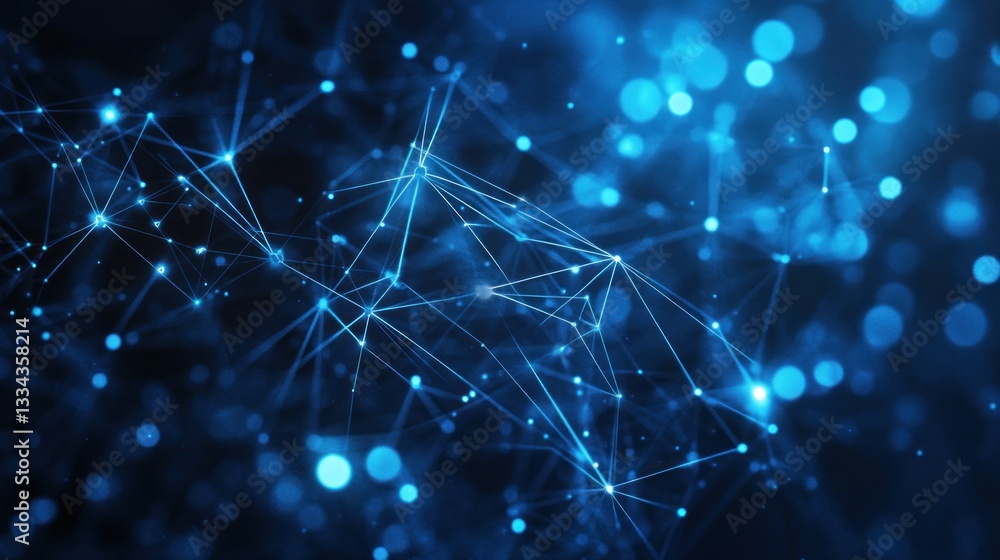 Poster abstract blue digital background with glowing particles and interconnected lines, symbolizing techno