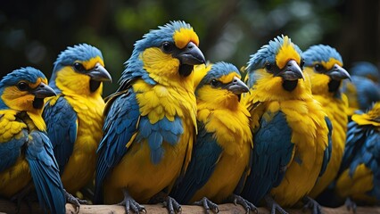 A vivid image featuring a bright yellow bird standing out among a large group of uniformly colored...