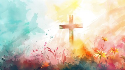 A Symbol of Hope: Painted Illustration of a Cross Bathed in Sunlight Among Abstract Watercolor Flowers and Botanical Elements