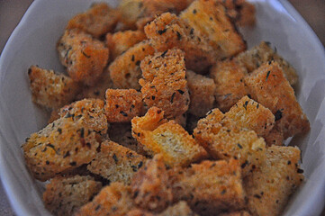 Spiced crouton in the bowl